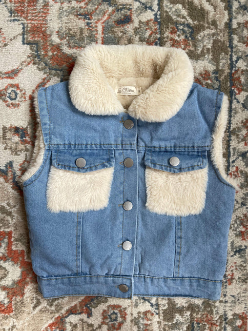 Denim bodywarmer met teddyvoering