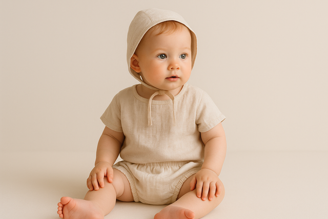Baby in neutrale zomerkleding voor spring/summer collectie