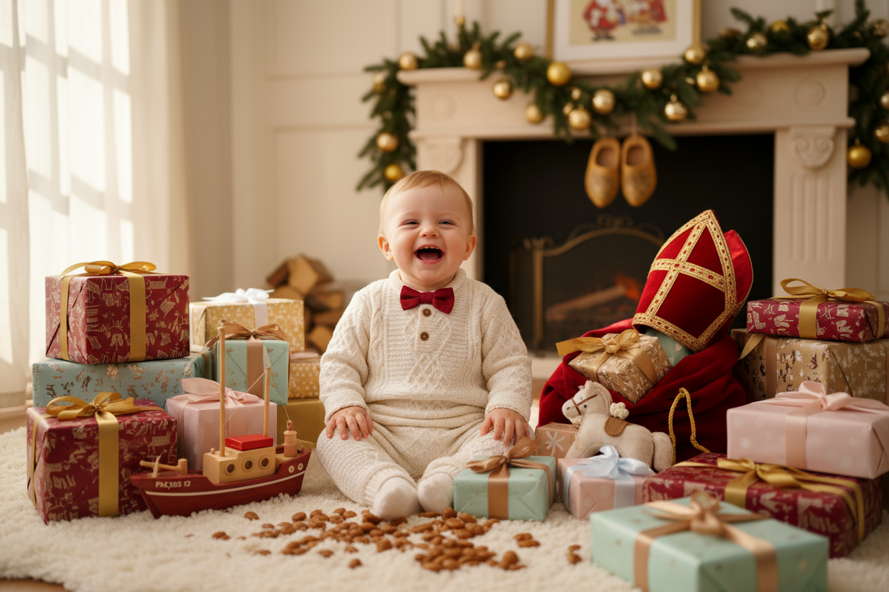 ik wil een sinterklaas afbeelding met cadeau's, pepernoten, speelgoed en een blij realistisch kindje